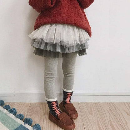 Little Girls Footless Leggings Pants with Lace Ruffle Tutu Skirt 2-12Y