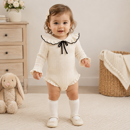 LilyLuxe™ Knitted Baby Girl Jumpsuit – Elegant Lotus Collar Sweater Romper for Spring & Autumn