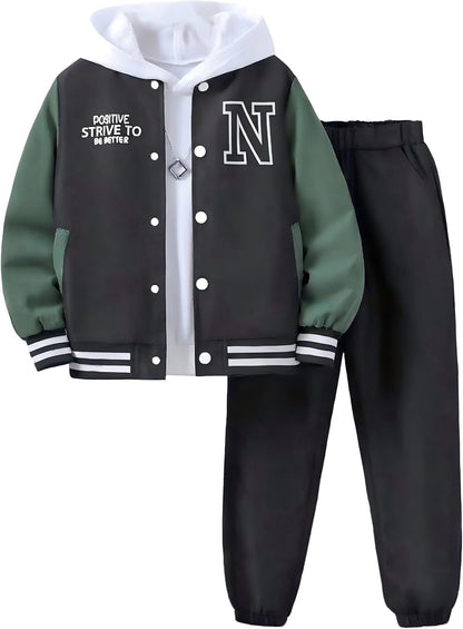 Boys Color Block Button down Shirt and Jogger Pants Button up Sweatsuits Sets (Size: 5-12T)