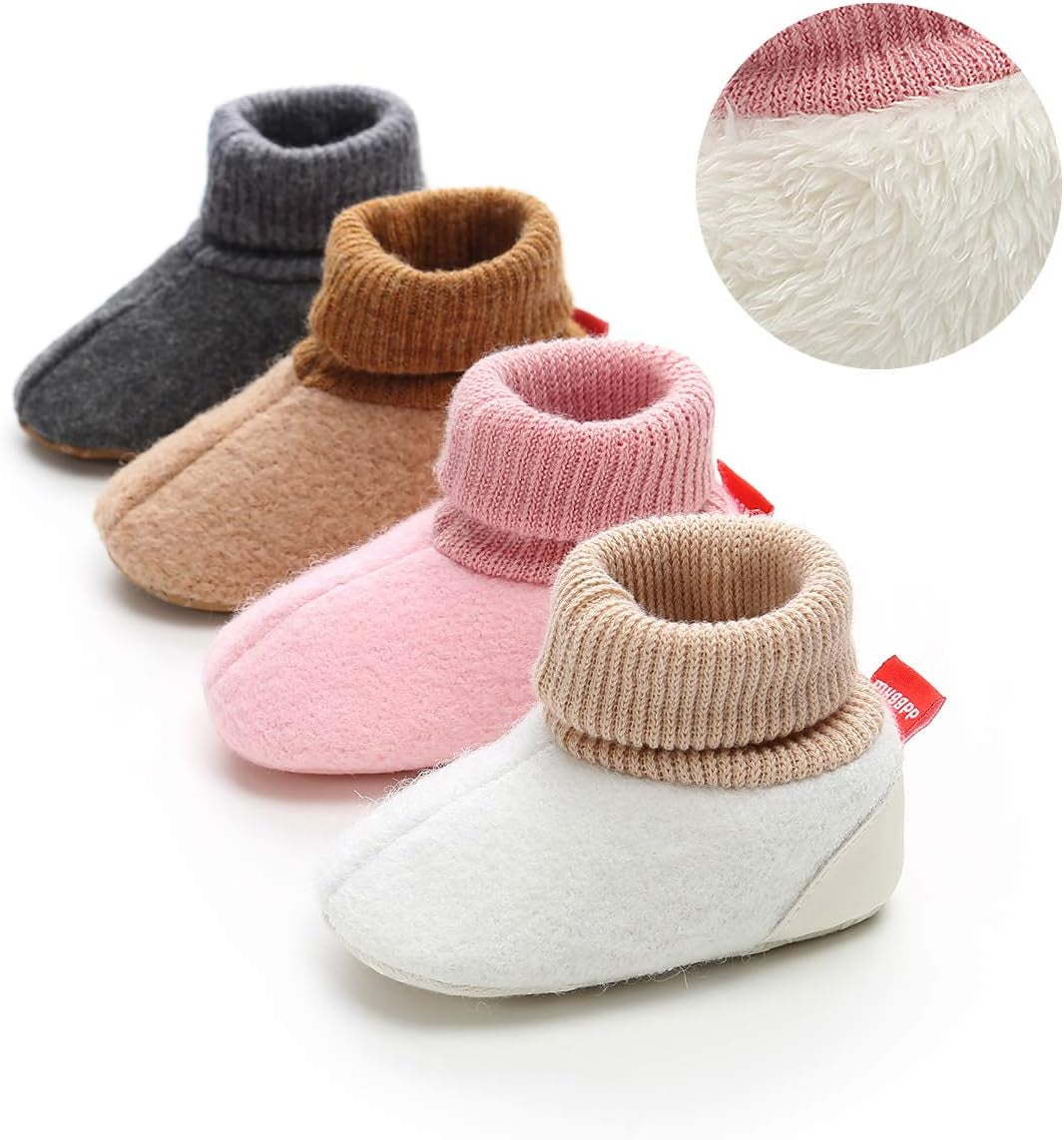 Baby Boy Girl Winter Booties Newborn Cozy Warm Socks Cartoon Fleece Footwear Non-Slip Soft Sole Crib Shoes for Toddler First Walkers